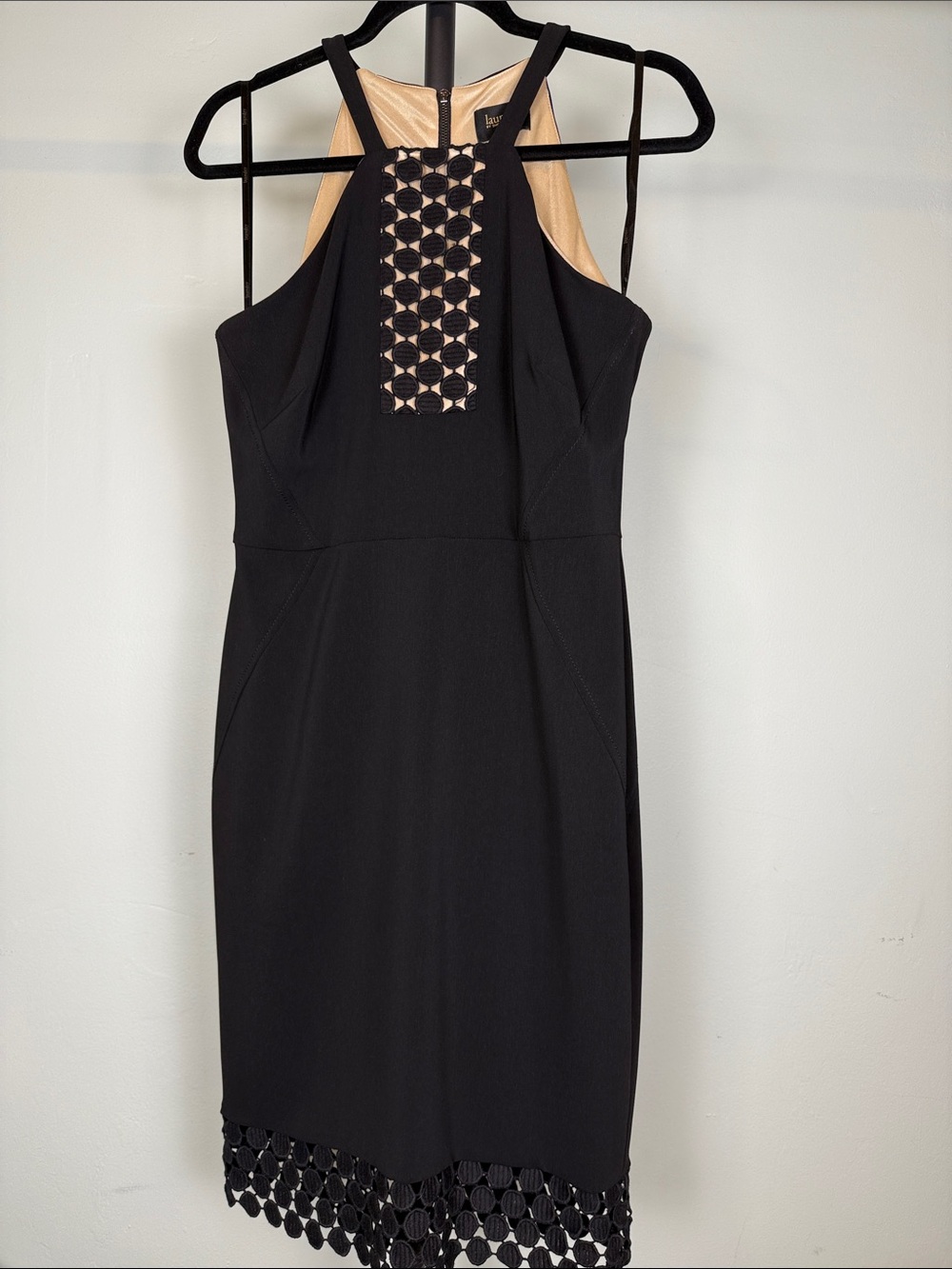 Laundry Shelli Segal Black Halter Crochet Lace Cutout Cocktail Sheath Dress 6